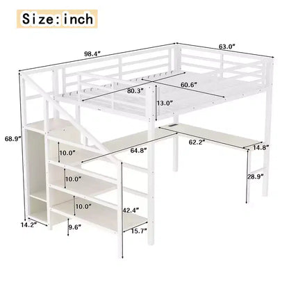 Letto a soppalco Queen Size con scrivania a L e USB, Letto a soppalco in metallo con armadio e regolabile