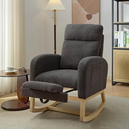 Poltrona a dondolo moderna con schienale alto da 75 cm, imbottita, con gambe in legno massello e poggiapiedi regolabile