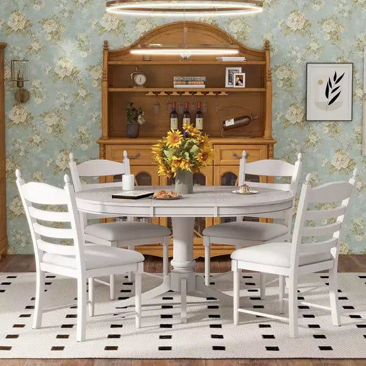 Set tavolo da pranzo rotondo allungabile per 4 persone, set da pranzo stile rustico e 4 sedie imbottite