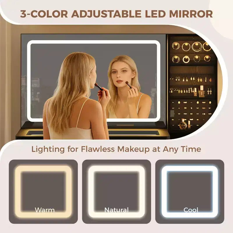 Toeletta da trucco scanalata da 122 cm con specchio e luci LED, stazione di ricarica, sgabello contenitore imbottito per camera da letto