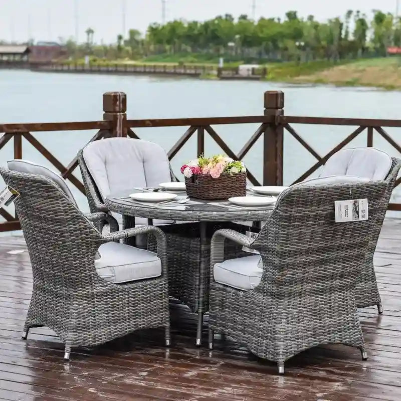 Set da pranzo rotondo in vimini da esterno da 5 pezzi con 4 poltrone