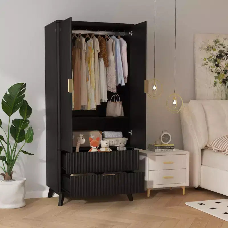 Armoire à portes cannelées, Armoire en bois de 71 pouces avec 2 portes, 2 tiroirs, étagère réglable et tringle de suspension, Armoire de rangement pour vêtements