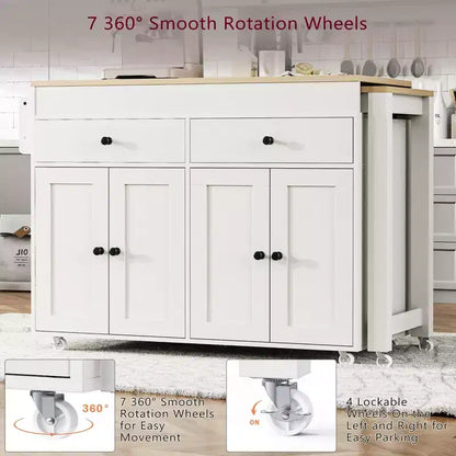 Isola da Cucina da 189 cm con Tavolo da Pranzo Estensibile, Carrello con 4 Armadietti, 2 Cassetti, Porta Spezie, Ripiani Regolabili