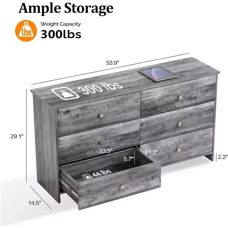 VINGLI Comò grigio lavato, Comò a 6 cassetti, Comò lungo 136 cm con frontale cassetto testurizzato, Cassettiera in legno grigio