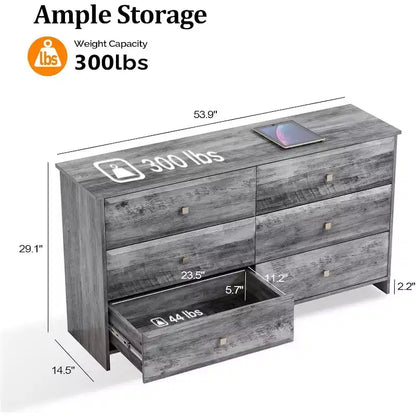 VINGLI Comò grigio lavato, Comò a 6 cassetti, Comò lungo 136 cm con frontale cassetto testurizzato, Cassettiera in legno grigio