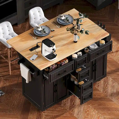 Isola per Cucina da 56,5 Pollici con Piano Ribaltabile e Stazione di Ricarica, Carrello da Cucina su Ruote con Cassetti e Ripiani Regolabili