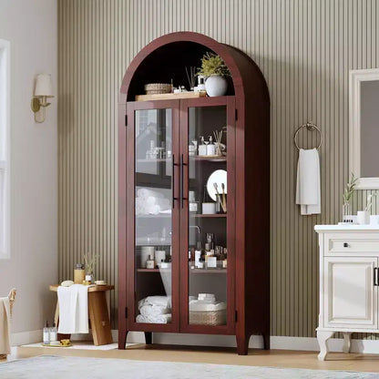 Haut meuble de rangement arqué avec portes vitrées, bibliothèque de présentation à 5 niveaux avec étagères réglables pour cuisine ou salon