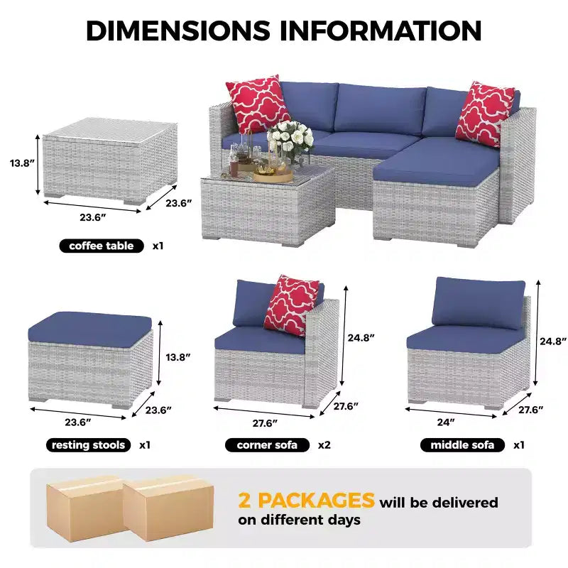 Set Mobili da Giardino 5 Pezzi, Divano Sezionale in Vimini per Tutte le Stagioni con Cuscini Antiscivolo, Set Divano in Rattan per Esterni con Pouf