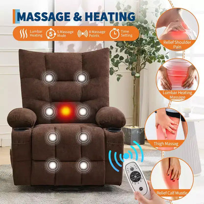 Fauteuil inclinable releveur électrique pour personnes âgées avec fonctions massage et chauffage, inclinable surdimensionné avec fonctions massage et chauffage, revêtement doux et rembourré, poche latérale et porte-gobelets