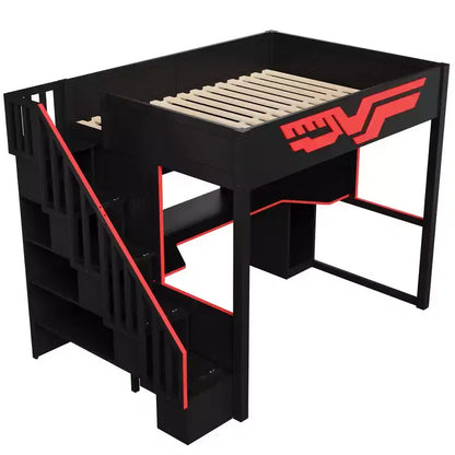 Lit superposé pleine grandeur Whisen avec bureau et escalier de rangement – Rouge et noir