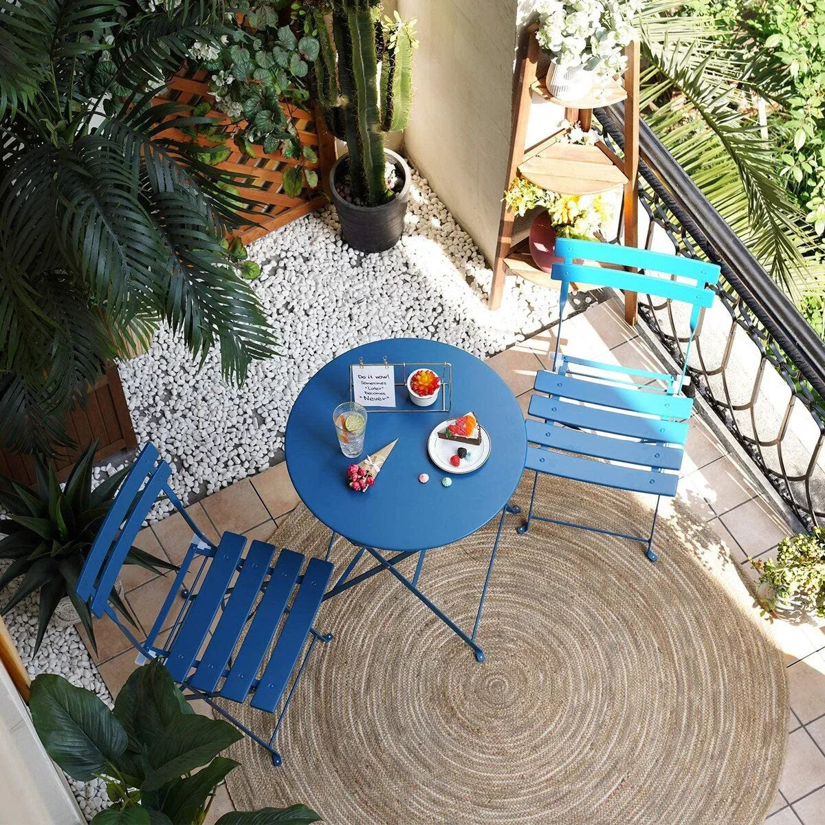 Ensemble bistrot pliant en métal 3 pièces, salon de conversation intérieur/extérieur résistant aux intempéries pour patio, cour, jardin