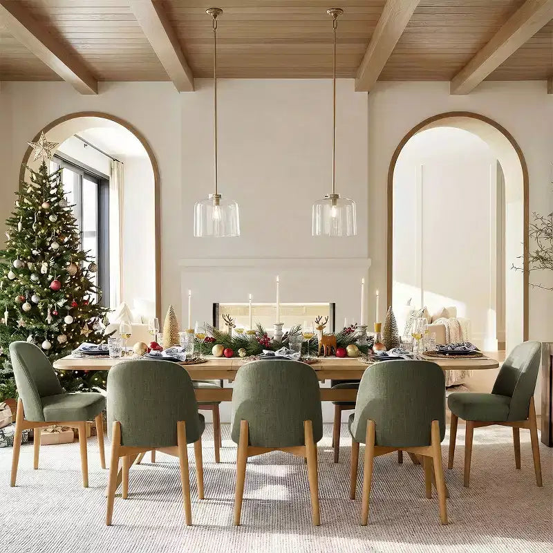 Set da pranzo 9 pezzi per 8 persone, tavolo allungabile con base a cavalletto e sedie imbottite con gambe in legno massello-Panipeachy