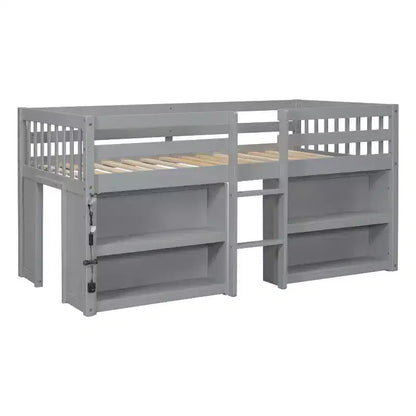 Whisen Letto a soppalco basso per bambini, dimensioni letto singolo, 79,8''L * 43,9''W, con due ripiani e luci LED