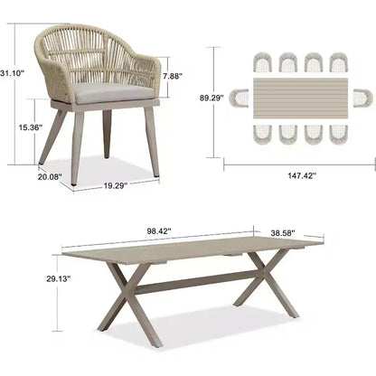Set da pranzo da patio PURPLE LEAF con tavolo da pranzo da esterno in alluminio e sedie in rattan intrecciato, set di mobili moderni per giardino, cortile, arredamento da interni, colore champagne