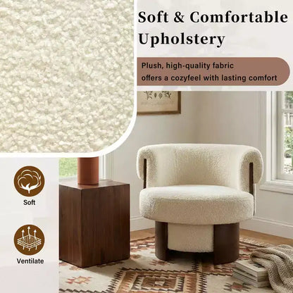 Fauteuil baril pivotant Whisen 360° avec design sculptural en bois courbé, cadre en bois massif, 81 cm de large, polyvalent pour le salon et la chambre à coucher