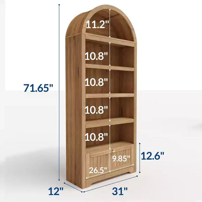 Bibliothèque arquée de 72 po avec tiroir de rangement, armoire de présentation moderne en bois à 6 niveaux avec étagères ouvertes et tiroir inférieur, porte d'armoire incurvée