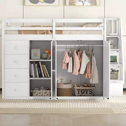 Letto a soppalco intero in pile orsetto con mensola portaoggetti e cassetti, letto a soppalco alto in legno con scrivania versatile per camera da letto