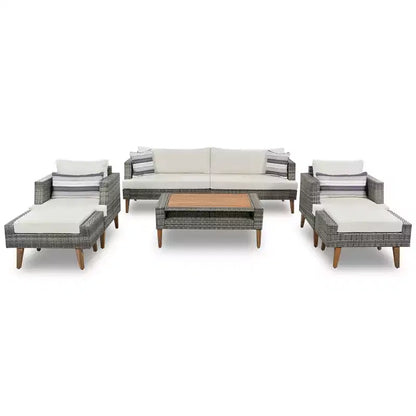 Whisen Set Divani 6 Pezzi in Vimini PE Resistente alle Intemperie, Divano da Esterno in Rattan con Doppi Cuscini