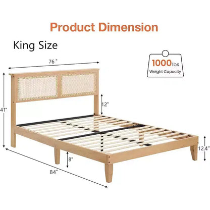 Struttura Letto in Rattan con Testiera Naturale, Luci a LED, Doghe in Legno Massello, Spazio Contenitore, Nessuna Rete a Molle Necessaria