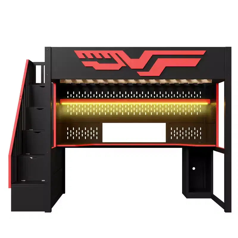 Lit superposé pleine grandeur Whisen avec bureau et escalier de rangement – Rouge et noir