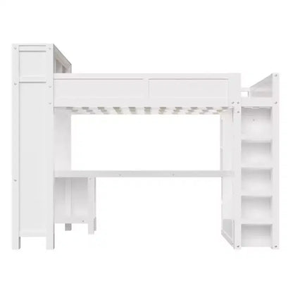Lit mezzanine Whisen Wooden Queen avec armoire et bureau, tête de lit intégrée avec rangement