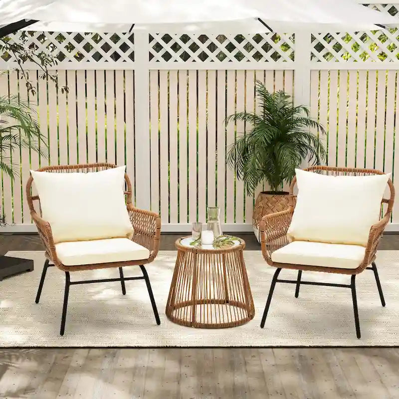 Set da Bistrot da Esterno in Rattan da 3 Pezzi, Set di Mobili da Giardino con Tavolo in Vetro e 2 Ampie Poltrone, Cuscini Inclusi