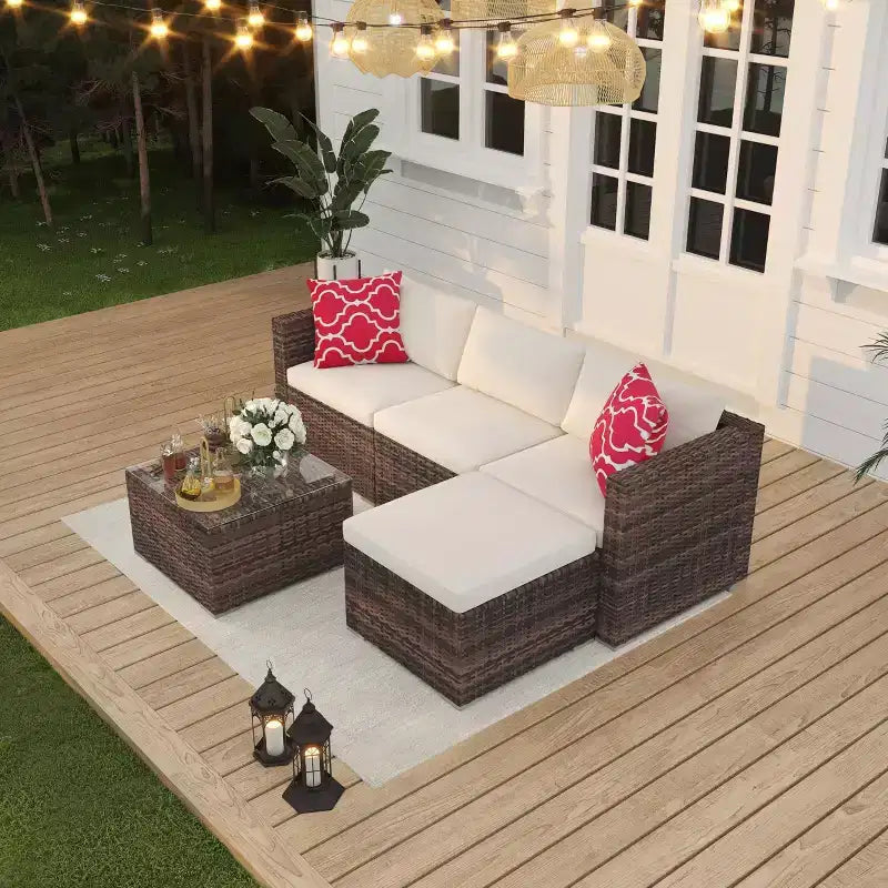 Set Mobili da Giardino 5 Pezzi, Divano Sezionale in Vimini per Tutte le Stagioni con Cuscini Antiscivolo, Set Divano in Rattan per Esterni con Pouf