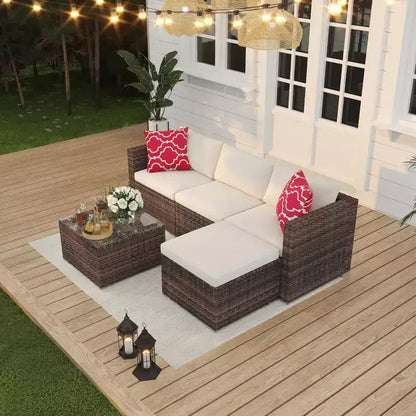 Set Mobili da Giardino 5 Pezzi, Divano Sezionale in Vimini per Tutte le Stagioni con Cuscini Antiscivolo, Set Divano in Rattan per Esterni con Pouf