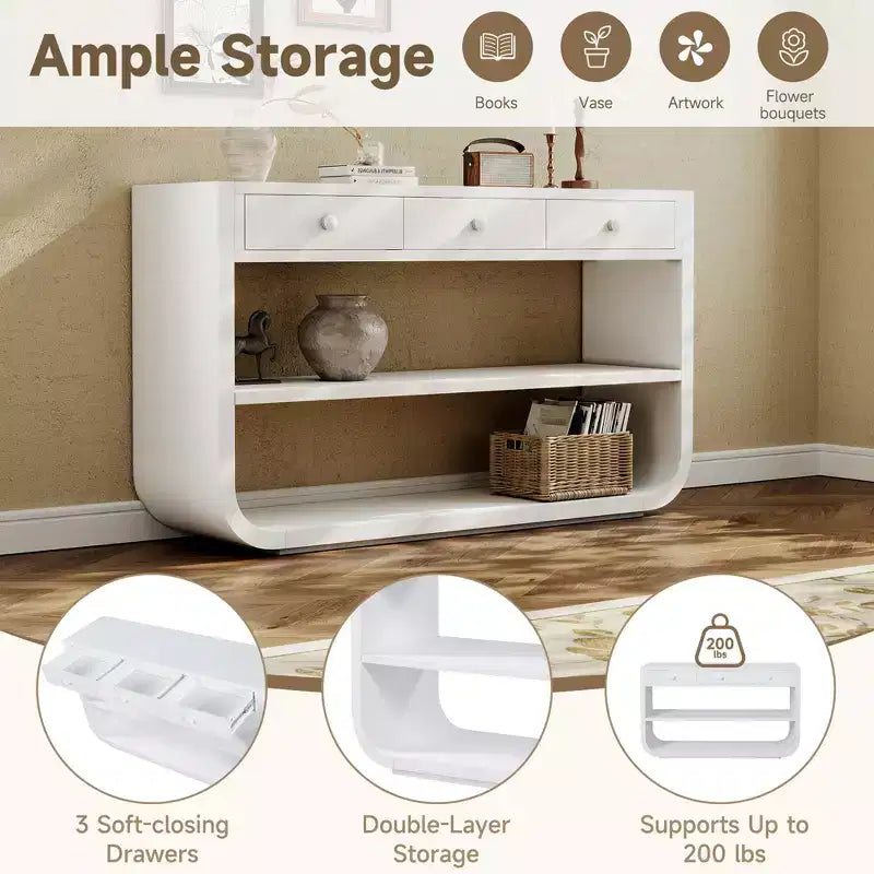 ModernLuxe Tavolo curvo da ingresso, Tavolo consolle, Tavolino da divano, Espositore, Tavolino d'appoggio con 3 cassetti a chiusura ammortizzata e 2 ripiani aperti