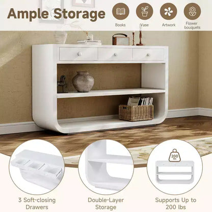ModernLuxe Tavolo curvo da ingresso, Tavolo consolle, Tavolino da divano, Espositore, Tavolino d'appoggio con 3 cassetti a chiusura ammortizzata e 2 ripiani aperti