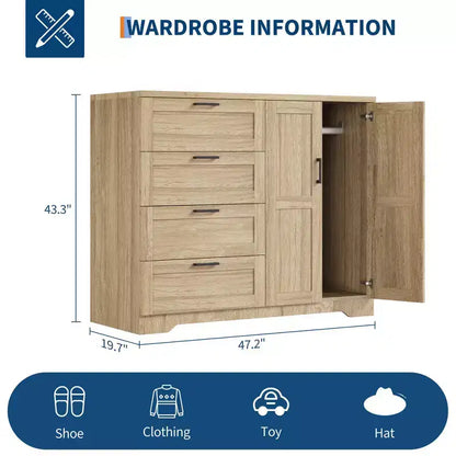 Guardaroba Armadio in Legno H 43.3 con 4 Cassetti e Asta Appendiabiti, Mobile Contenitore Multifunzionale per Camera da Letto