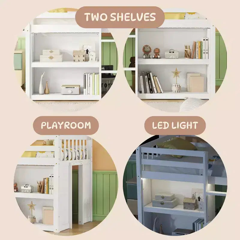 Whisen Letto a soppalco basso per bambini, dimensioni letto singolo, 79,8''L * 43,9''W, con due ripiani e luci LED