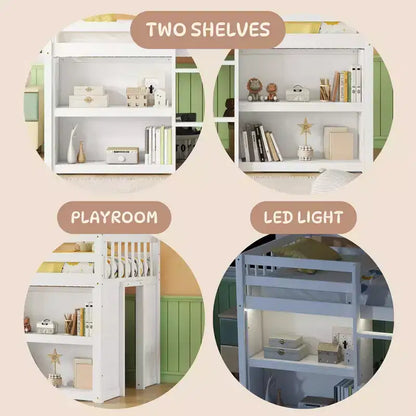 Whisen Letto a soppalco basso per bambini, dimensioni letto singolo, 79,8''L * 43,9''W, con due ripiani e luci LED