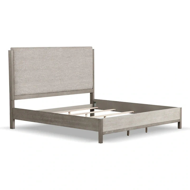 Set Camera da Letto Moderno 5 Pezzi con Pannelli in Legno Massello Grigio (Include Letto, Due Comodini, Toeletta e Specchio)
