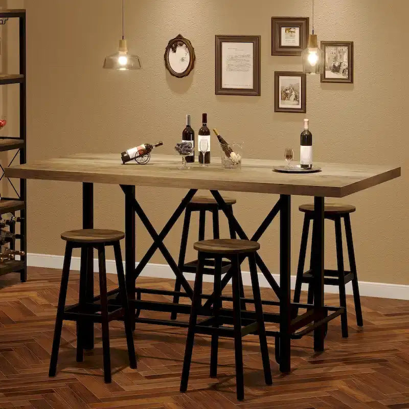 Tavolo da pub alto da 6 posti con poggiapiedi, tavolo da bar alto con piano in legno spesso e struttura in metallo per casa/cucina