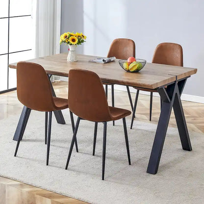 Moderno set da pranzo con tavolo rettangolare nero con base a forma di A e sedie con schienale rotondo