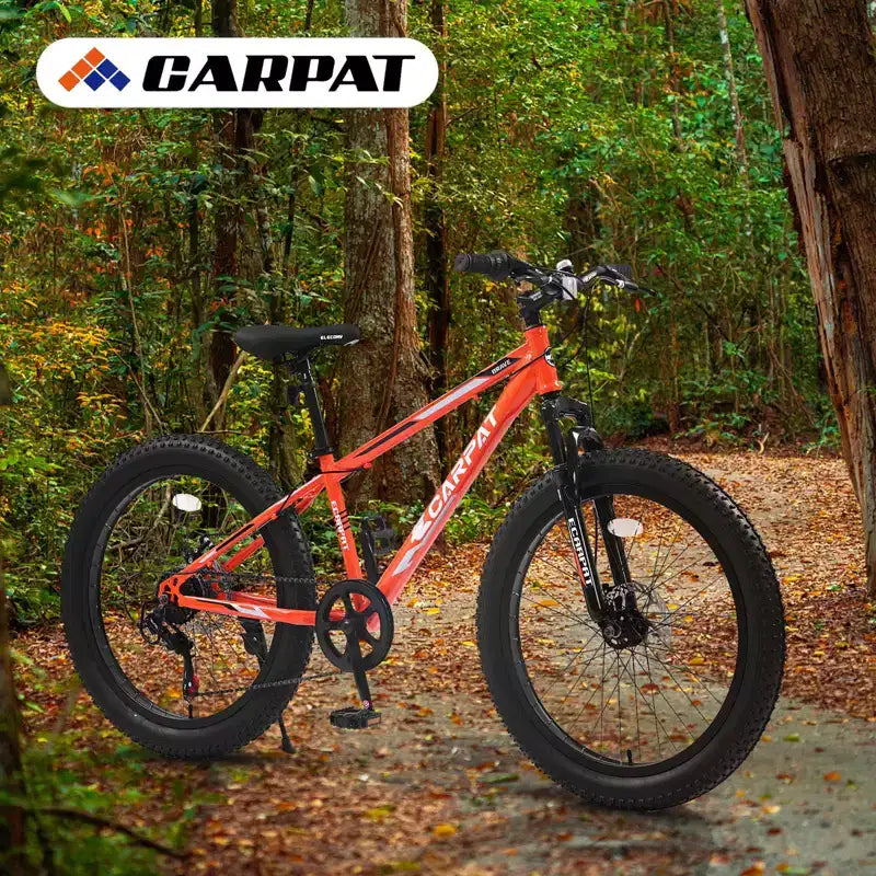 Vélo Okak 24 pouces Fat Tire avec suspension avant, VTT 7 vitesses avec frein à disque et cadre en acier à haute teneur en carbone, Vélo de randonnée pour les trajets quotidiens