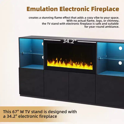 Meuble TV moderne avec lumières LED pour téléviseur de 75 pouces, table console multimédia avec étagères en verre trempé et foyer non chauffant