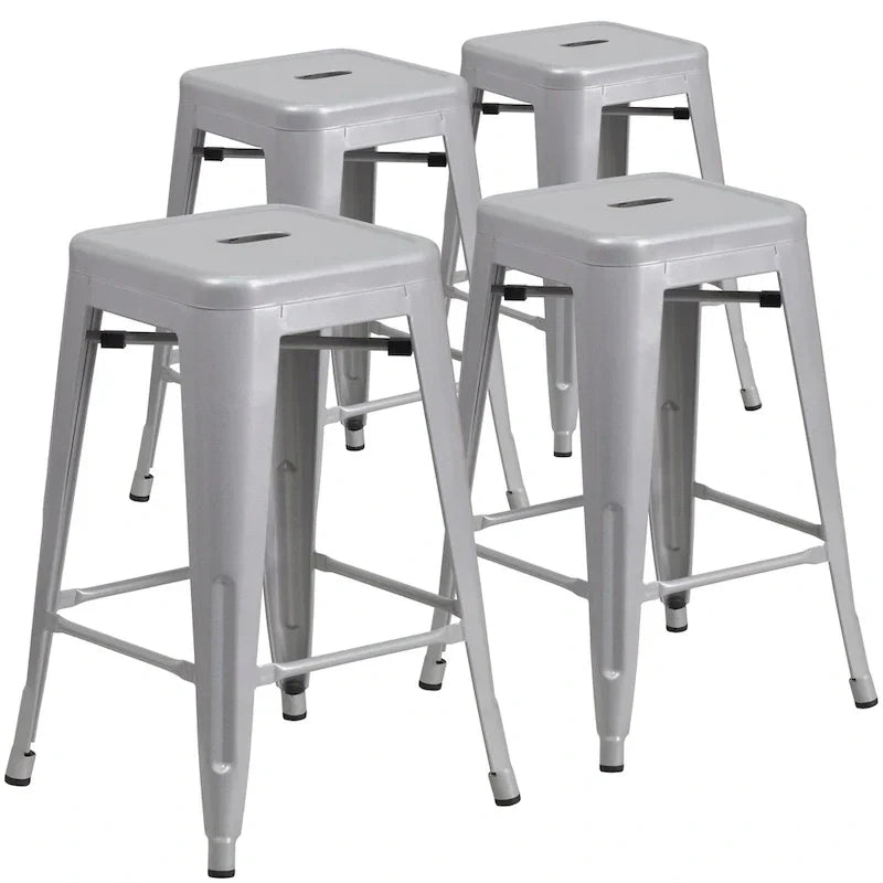 Lot de 4 tabourets de comptoir sans dossier en métal de 61 cm, pour l'intérieur ou l'extérieur, avec assise carrée