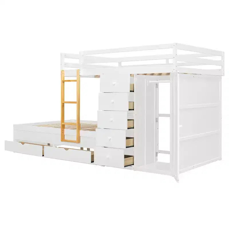 Lit superposé complet Whisen avec 2 grands tiroirs, 5 petits tiroirs et petite armoire
