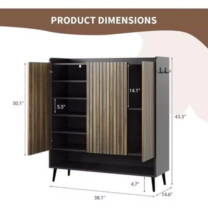 Meuble à chaussures 3 portes avec crochets de rangement, organiseur de chaussures à 6 niveaux pour entrée, meuble à chaussures autoportant pour couloir, salon