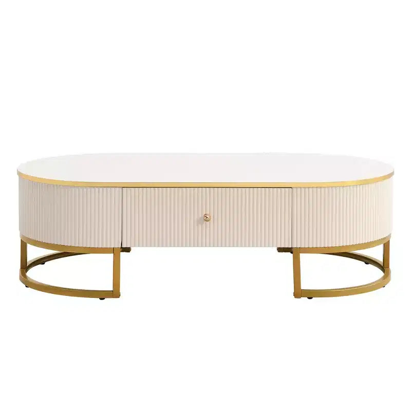 Tavolino da Caffè Moderno 47W, Tavolino da Salotto, Tavolino Centrotavola, Tavolino d'Appoggio con Cassetti, Design dal Profilo Curvo, Gambe in Metallo Dorato, Ovale, Bianco+Oro-ModernLuxe