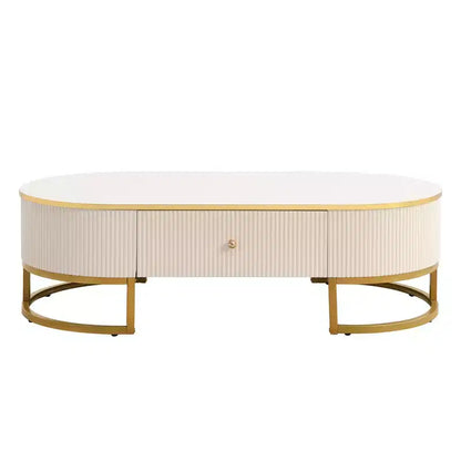 Tavolino da Caffè Moderno 47W, Tavolino da Salotto, Tavolino Centrotavola, Tavolino d'Appoggio con Cassetti, Design dal Profilo Curvo, Gambe in Metallo Dorato, Ovale, Bianco+Oro-ModernLuxe