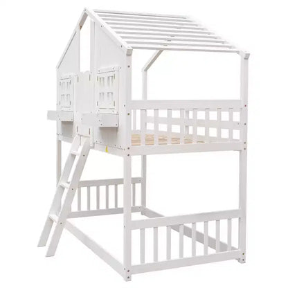 Lit mezzanine cabane de taille double, lit mezzanine cabane en bois avec échelle et barrières de sécurité pour enfants