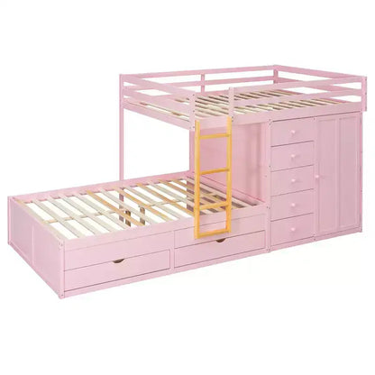 Lit superposé complet Whisen avec 2 grands tiroirs, 5 petits tiroirs et petite armoire