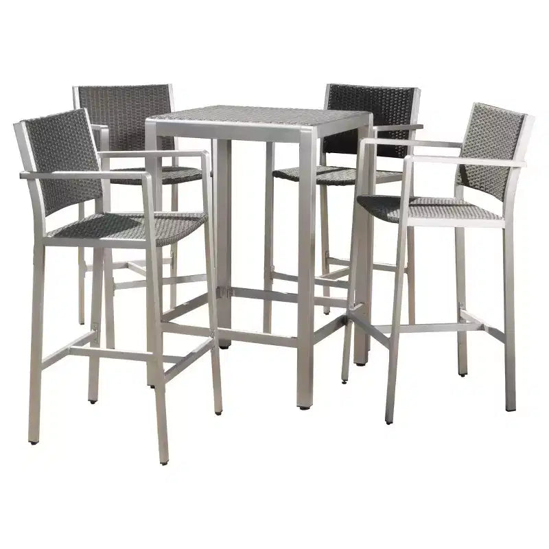 Set bar da esterno Cape Coral 5 pezzi in vimini/metallo resistente alle intemperie con 4 sgabelli - Grigio - Christopher Knight Home