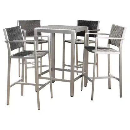 Set bar da esterno Cape Coral 5 pezzi in vimini/metallo resistente alle intemperie con 4 sgabelli - Grigio - Christopher Knight Home