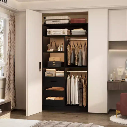 Organisateur de placard avec tiroirs en bois, système de rangement autoportant avec tringles de suspension