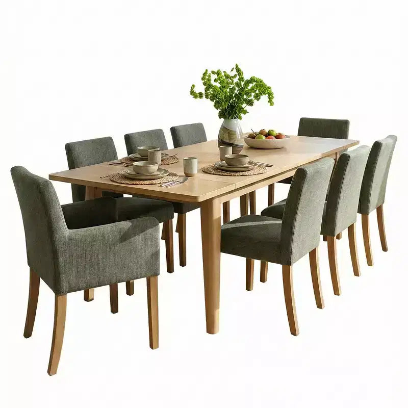 Set da pranzo da 9 pezzi con prolunga, include 6 sedie senza braccioli e 2 poltrone in lino neutro, gambe in legno massello, stile moderno-Panipeachy