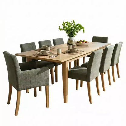 Set da pranzo da 9 pezzi con prolunga, include 6 sedie senza braccioli e 2 poltrone in lino neutro, gambe in legno massello, stile moderno-Panipeachy